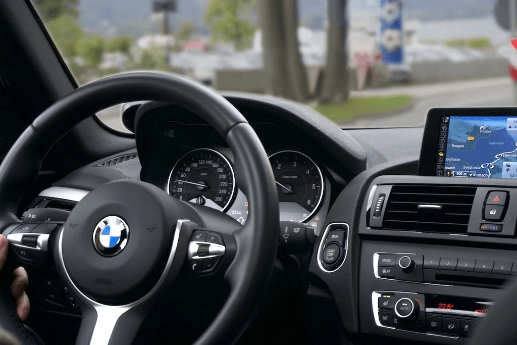 A sterring wheel inside a car